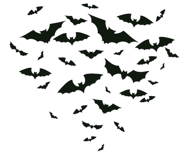 Vector murciélagos voladores de halloween. bandada de murciélagos espeluznantes, terror espeluznante vampiro alado animal vector ilustración de fondo. murciélagos de halloween de miedo. silueta de murciélago de terror, espeluznante y aterrador