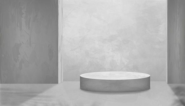 Muro de hormigón gris de la sala de estudio con maqueta de podio 3D en suelo de cemento gris con iluminación y ShadowMinimal Vector 3D Gallery telón de fondo estilo loft banner con espacio de copia para la ventaProducto presente