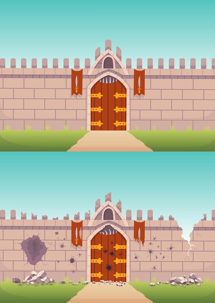 Vector muros medievales en dos tipos antes y después del ataque o asedio de los enemigos durante la guerra fortificación de piedra del castillo con puerta de madera exterior de cuento de hadas antiguo juego fortaleza muros de piedra