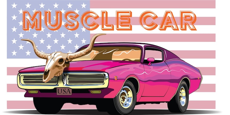 Vector muscle car americano en el fondo de la bandera americana