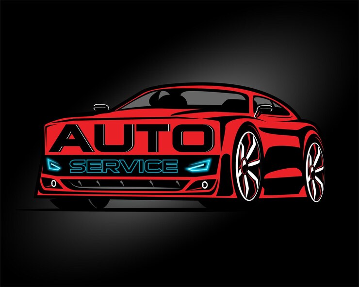 Muscle Car Logo Ilustración Auto Service en negro y rojo con faros azul neón