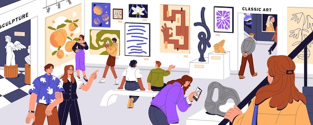 Museo de arte moderno La gente visita la galería mira las exposiciones ve la pintura contempla las obras de arte camina en la exposición toma fotos mira la estatua siéntate y disfruta de la exposición de imágenes ilustración vectorial plana