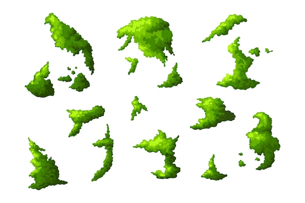 Musgo de pantano verde en diferentes formas Planta en bosque y elemento de juego natural Plantilla gráfica