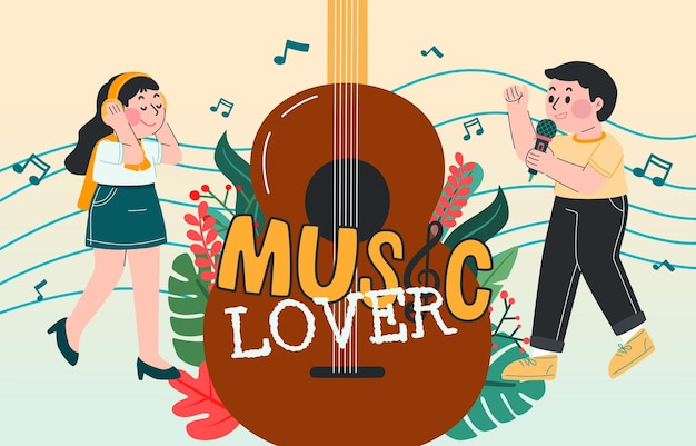 Música amante concepto cartel hombre y mujer amor música vector ilustración