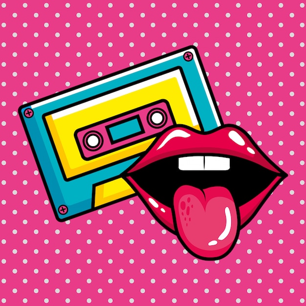 Música de cassette con icono de estilo de arte pop de boca sexy