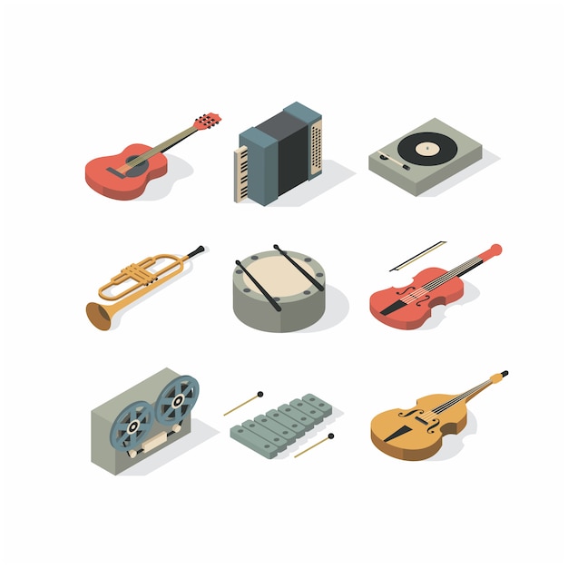 Música, ilustración plana, conjunto de iconos de instrumentos musicales