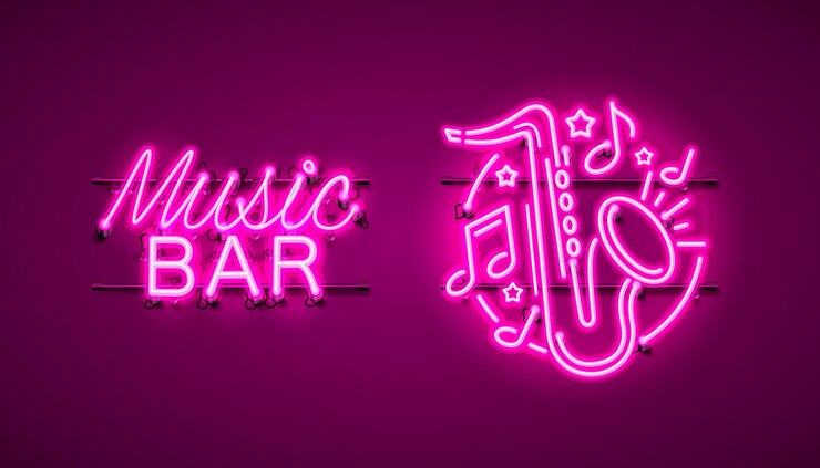 Vector música de jazz bar etiqueta de neón evento espectáculo de sonido musical ilustración vectorial