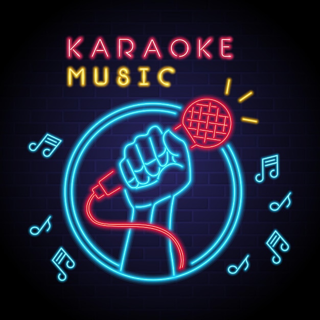Música de karaoke con diseño de elementos brillantes de luz de neón