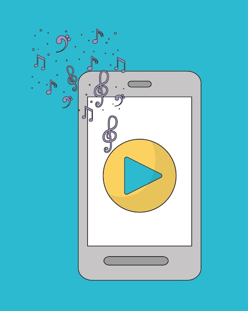 Música en línea representada por el icono de teléfono inteligente y jugar