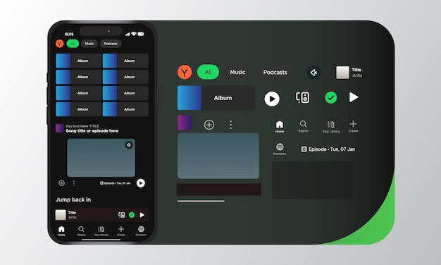 Música en línea y transmisión de audio plantilla de interfaz de aplicación móvil con teléfono inteligente