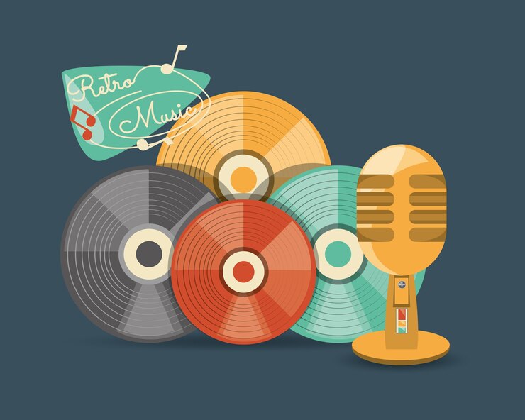 Vector música retro con discos de vinilo y micrófono sobre fondo azul