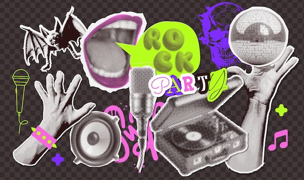 Música rock fiesta elementos de collage de medio tono conjunto de manos altavoz ojo cantando a los micrófonos boca vinilo