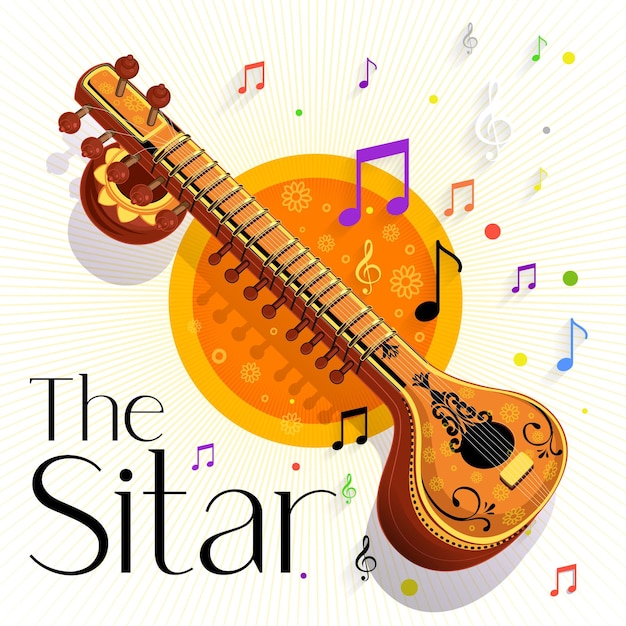 La música del sitar tocando música clásica Vector de fondo