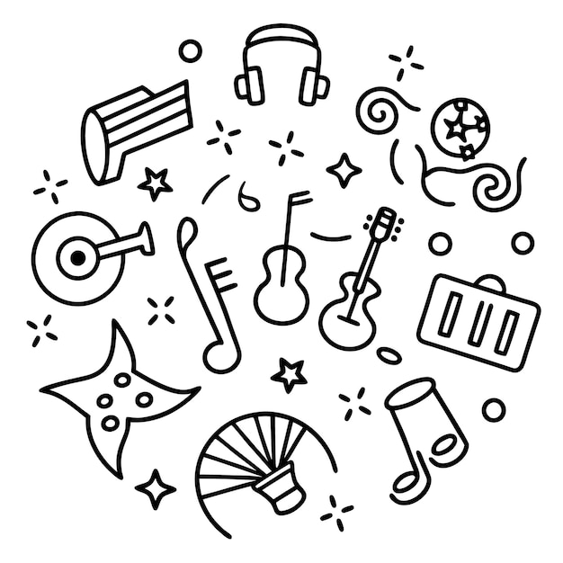 Música vibrante dibujando una colorida colección de instrumentos musicales y notas