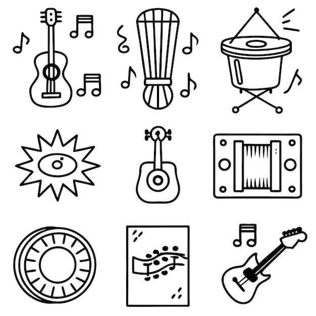 Música vibrante dibujando una colorida colección de instrumentos musicales y notas