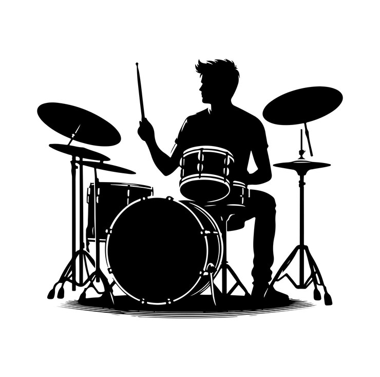 Un músico baterista tocando la batería en una silueta detallada