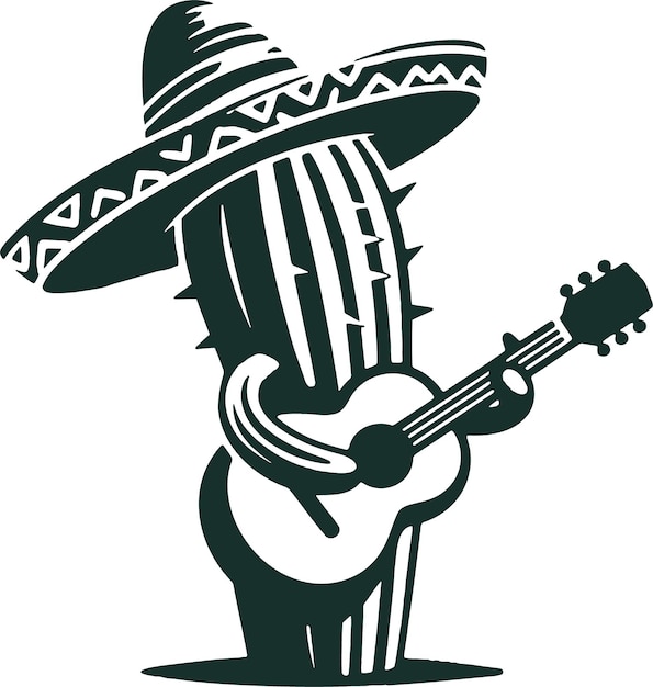 Músico de cactus con sombrero y tocando la guitarra en el arte de plantilla vectorial