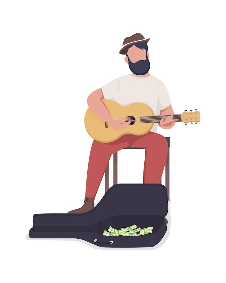 Vector músico callejero con carácter de vector de color semi plano de guitarra