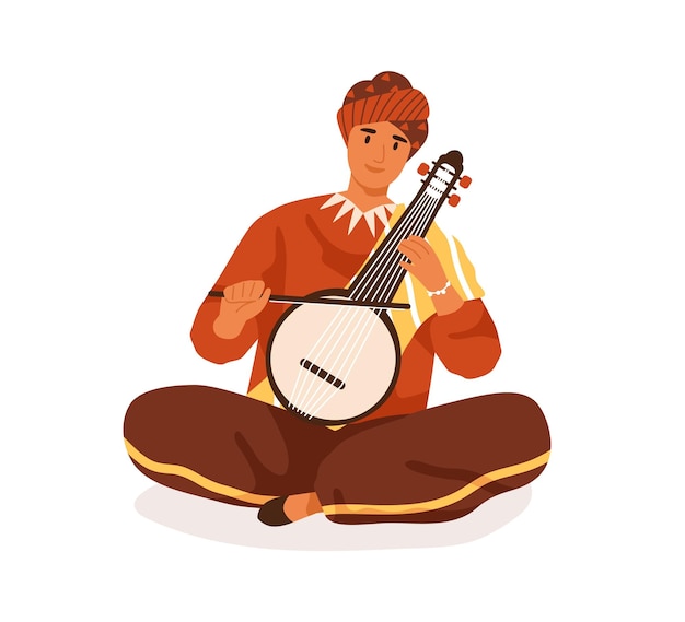 Músico callejero indio tocando un instrumento de cuerda tradicional, vina o veena. Hombre sonriente feliz con turbante y traje nacional étnico interpretando música folclórica. Ilustración de vector plano aislado en blanco.