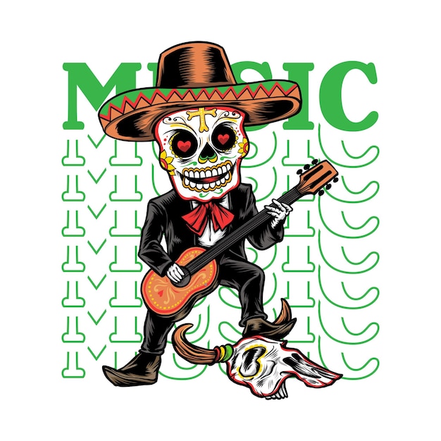 Vector el músico mexicano skull skeleton trae la guitarra