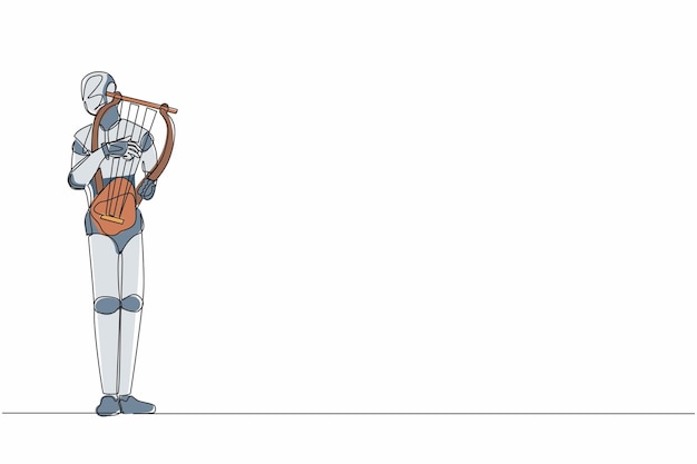 Un músico robot de dibujo continuo tocando la lira musical en el escenario orquesta de música clásica