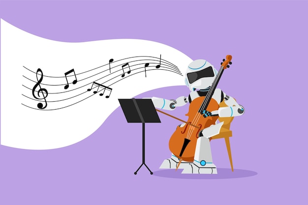 Músico robot de dibujo de estilo de dibujos animados planos tocando contrabajo de cuerda o violonchelo Desarrollo de tecnología robótica futura Inteligencia artificial y aprendizaje automático Ilustración de vector de diseño gráfico