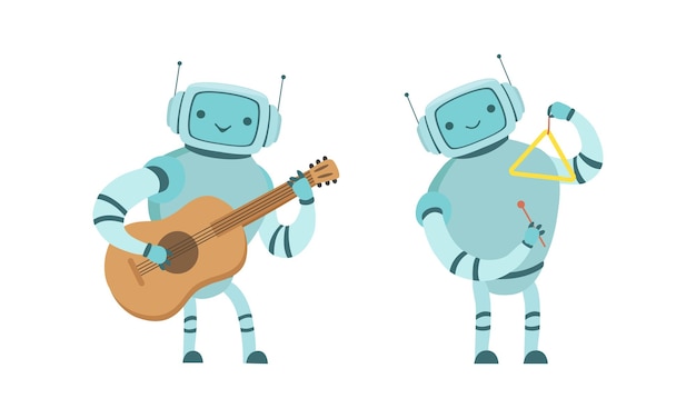 Músico robot tocando un instrumento musical en un escenario vectorial