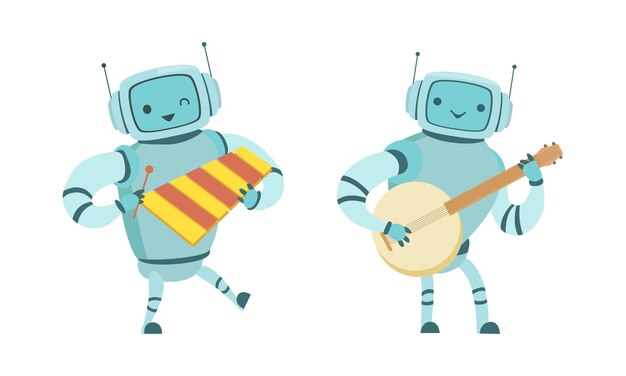 Músico robot tocando un instrumento musical en un escenario vectorial