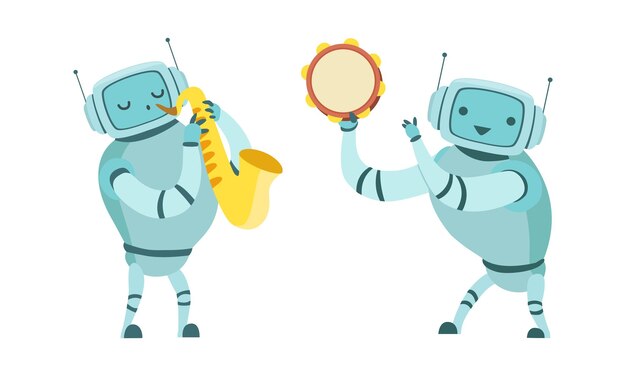 Músico robot tocando un instrumento musical en un escenario vectorial