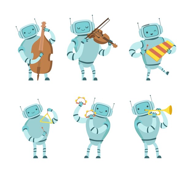 Músico robot tocando un instrumento musical en un escenario vectorial