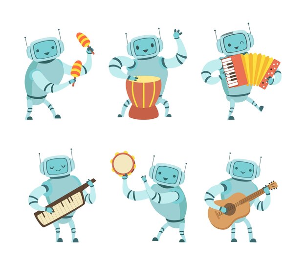 Músico robot tocando un instrumento musical en un escenario vectorial