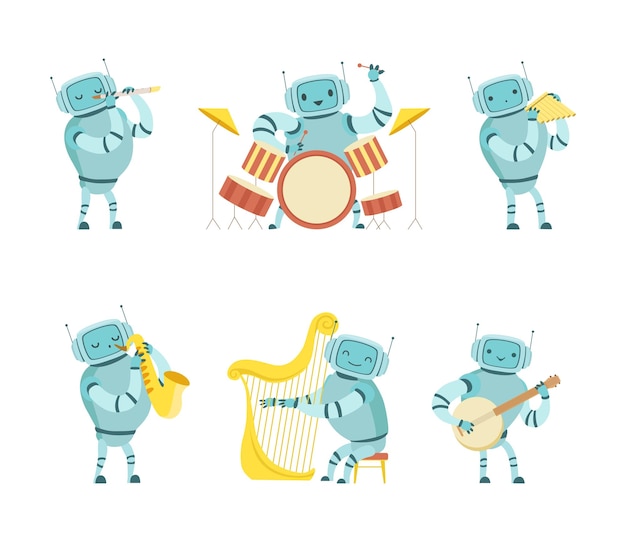 Músico robot tocando un instrumento musical en un escenario vectorial