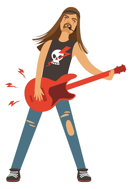 Vector músico de rock tocar guitarra eléctrica personaje de dibujos animados