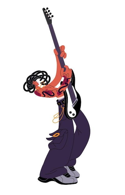 Un músico talentoso realiza un espectáculo en el escenario Un guitarrista profesional toca la guitarra eléctrica en un concierto Un artista de rock Un músico con dreadlocks Ilustración vectorial aislada plana en blanco