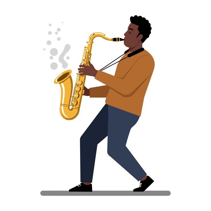 Vector un músico talentoso tocando apasionadamente un saxofón dorado en una ilustración vectorial de diseño plano minimalista con líneas suaves y colores suaves que evocan una animada atmósfera de jazz