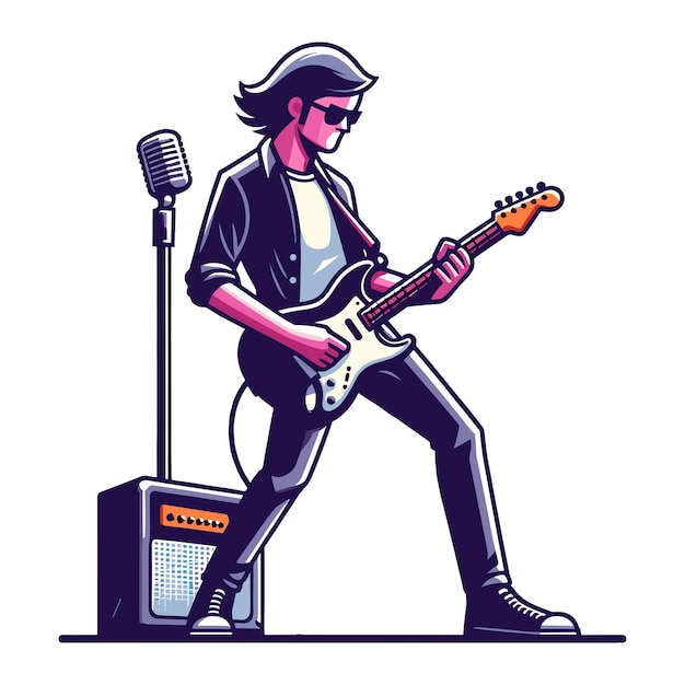 Músico tocando guitarra eléctrica rockstar guitarrista diseño ilustración vectorial