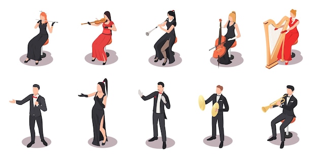 Músico tocando música varios instrumentos musicales orquesta traje clásico mujer hombre violín vocalista saxofón cantante címbalos aislados sobre fondo blanco Ilustración vectorial isométrica