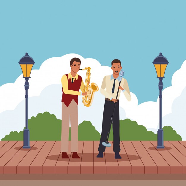 Músico tocando el saxofón y cantando