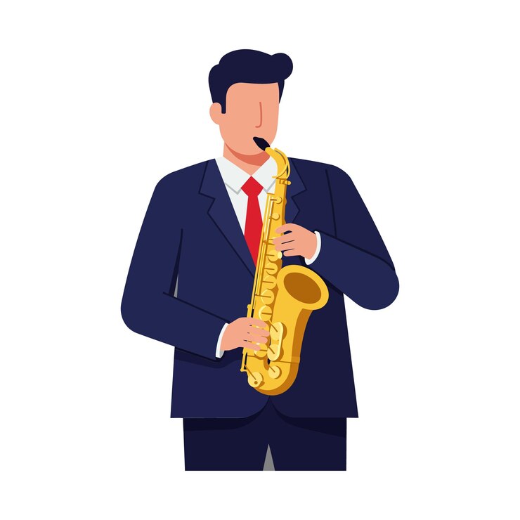 Vector músico tocando el saxofón en un elegante traje de arte vectorial plano