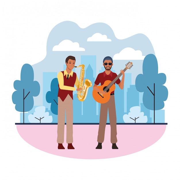 Músico tocando el saxofón y la guitarra