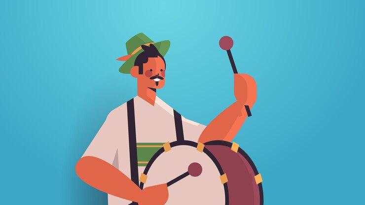 Vector músico tocando el tambor en el festival folklórico más grande oktoberfest concepto de celebración de fiestas hombre en ropa tradicional alemana divirtiéndose