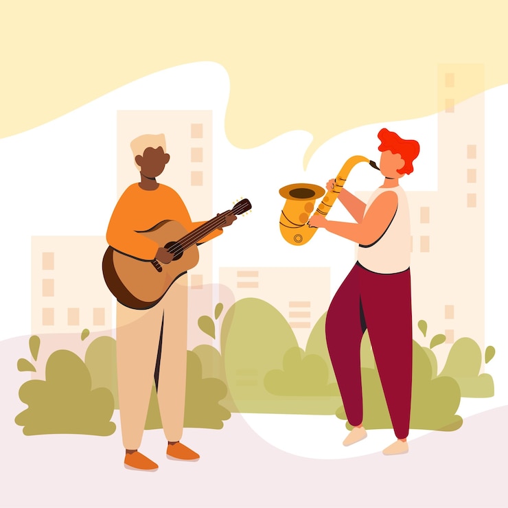 Vector músicos callejeros tocando en el parque
