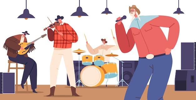 Los músicos de country en el escenario desprenden emoción cruda tocando guitarras y cantando letras sinceras sombreros de vaquero denim y encanto rústico crean una ilustración vectorial de actuación auténtica y cautivadora