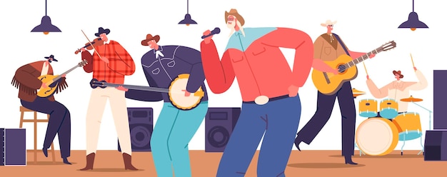 Los músicos de country en el escenario exudan emoción cruda tocando guitarras y cantando letras sinceras sombreros y botas de vaquero completan su aspecto rústico cautivando al público con auténticas melodías conmovedoras