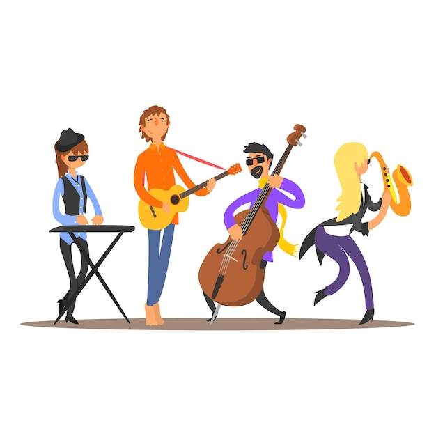 Músicos en el escenario. Ilustración vectorial plana