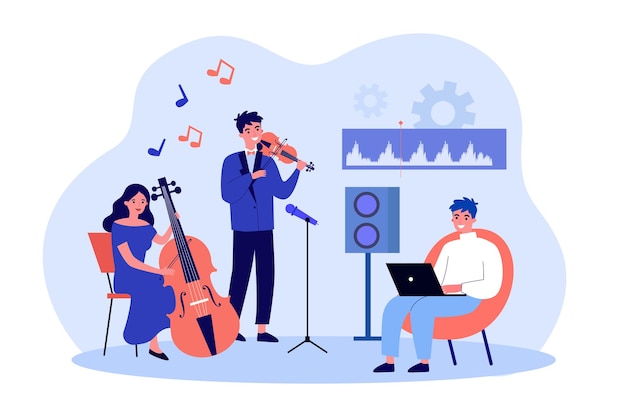 Músicos grabando música con equipo profesional. Gente tocando violín y violonchelo ilustración vectorial plana. Grabación de audio, concepto de producción para banner, diseño de sitio web o página web de inicio