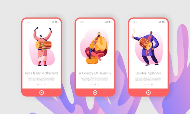 Músicos indios tocando instrumentos de batería en la calle, Yogi tocando en tubería para la página de la aplicación móvil Cobra Snake Concepto de conjunto de pantalla a bordo para sitio web o página web, ilustración vectorial plana de dibujos animados