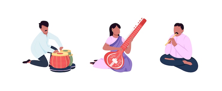 Vector músicos indios tradicionales juego de caracteres sin rostro de color plano. mujer en sari. instrumentos musicales étnicos indios aislados ilustración de dibujos animados para diseño gráfico web y colección de animación