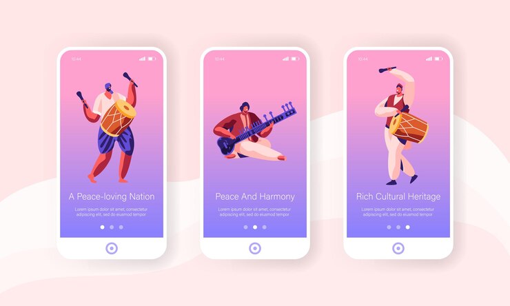Vector músicos indios en vestimenta tradicional actúan con tambores, yogi tocando en la pipa para la página de la aplicación móvil cobra snake concepto de conjunto de pantalla a bordo para sitio web o página web, ilustración vectorial plana de dibujos animados