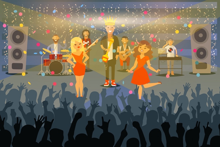 Músicos personas realizan en concierto en público frente, ilustración. Grupo musical recibe premio en escena, cantante famoso